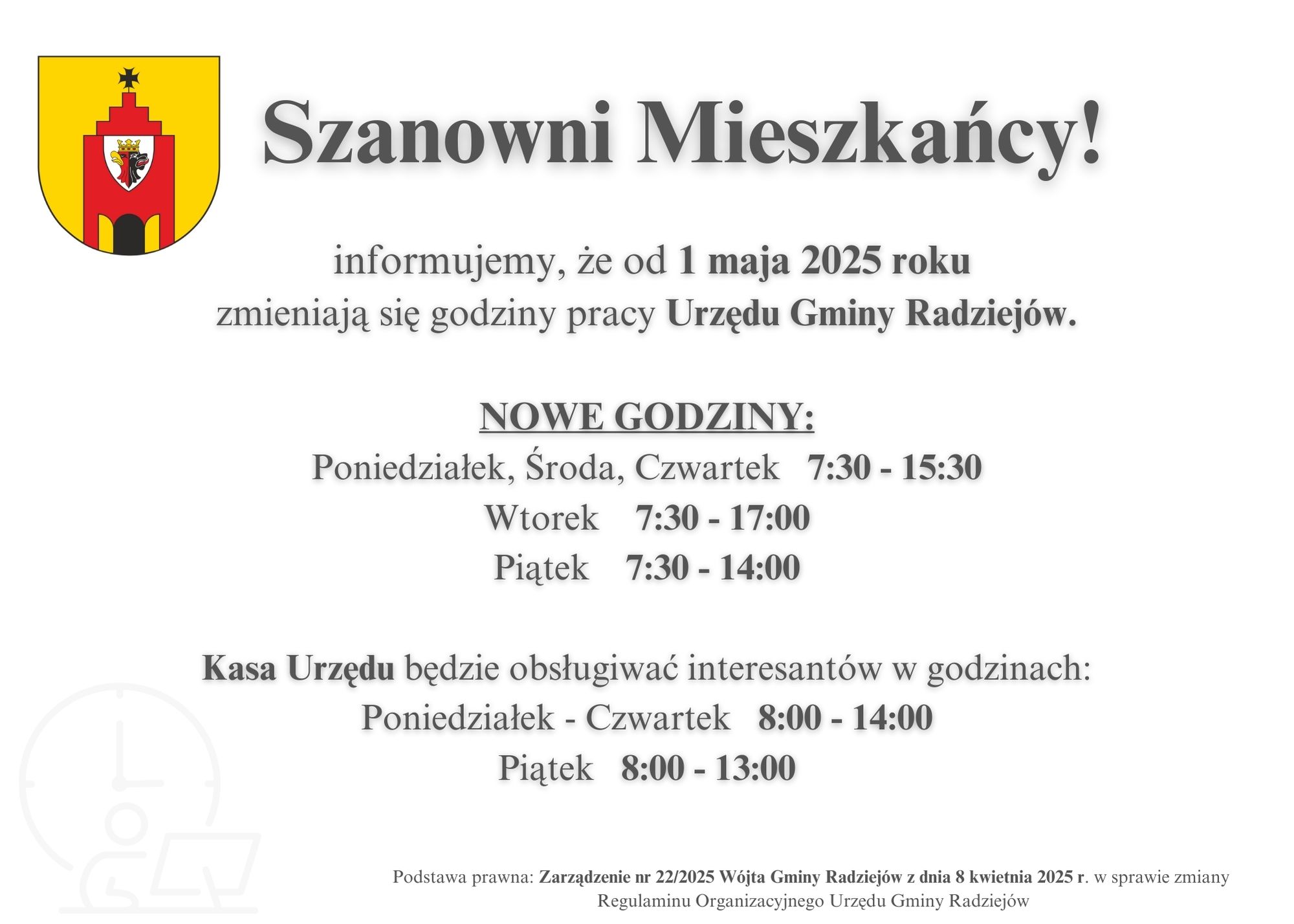 Ogłoszenie - zmiana godzin pracy Urzędu